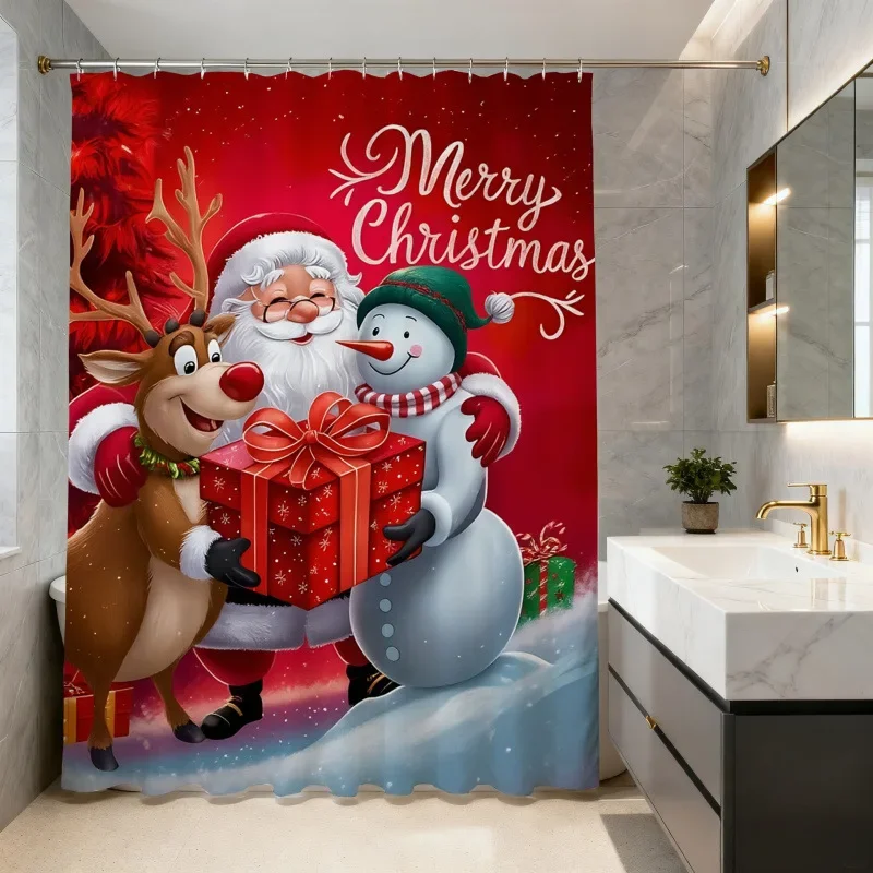 Christmas Shower Curtain Snowman Gingerbread Man Santa Xmas Tree Reindeer Waterproof Bath Curtain Holiday Decor w Hook