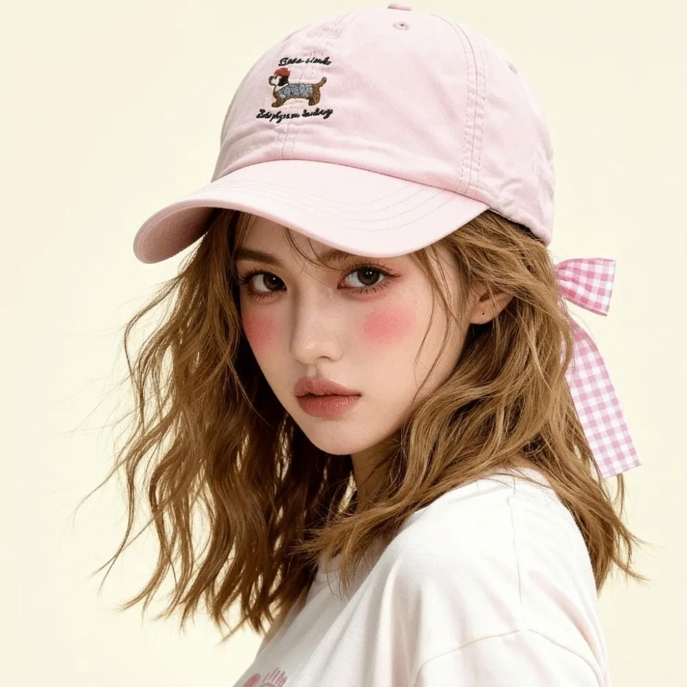 New Breathable Baseball Cap Bow Tie Sun Protection Duckbill Hat Korean Style Embroidered Dog Sun Hat Spring/summer