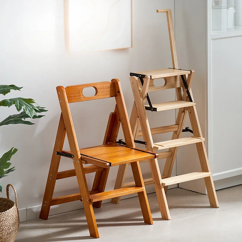 Free Installation of Solid Wood Folding Ladder Balcony Flower Rack Multi-functional Handrail Climbing Ladder Stool for Kitchen