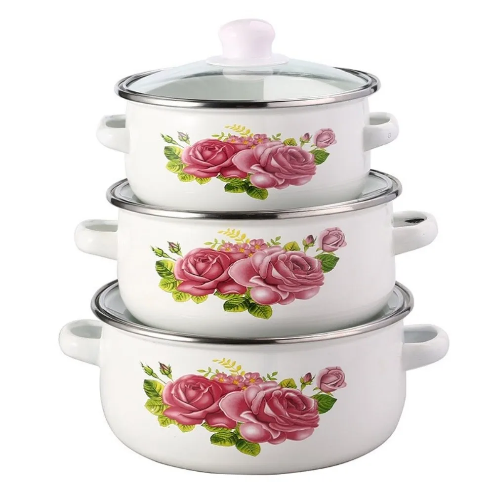 

3pcs 16/18/20cm Enamel Pot Visible with Lid Stew Soup Pot Floral Heat Resistant Kitchen Cookware Set Gas Induction Cooker