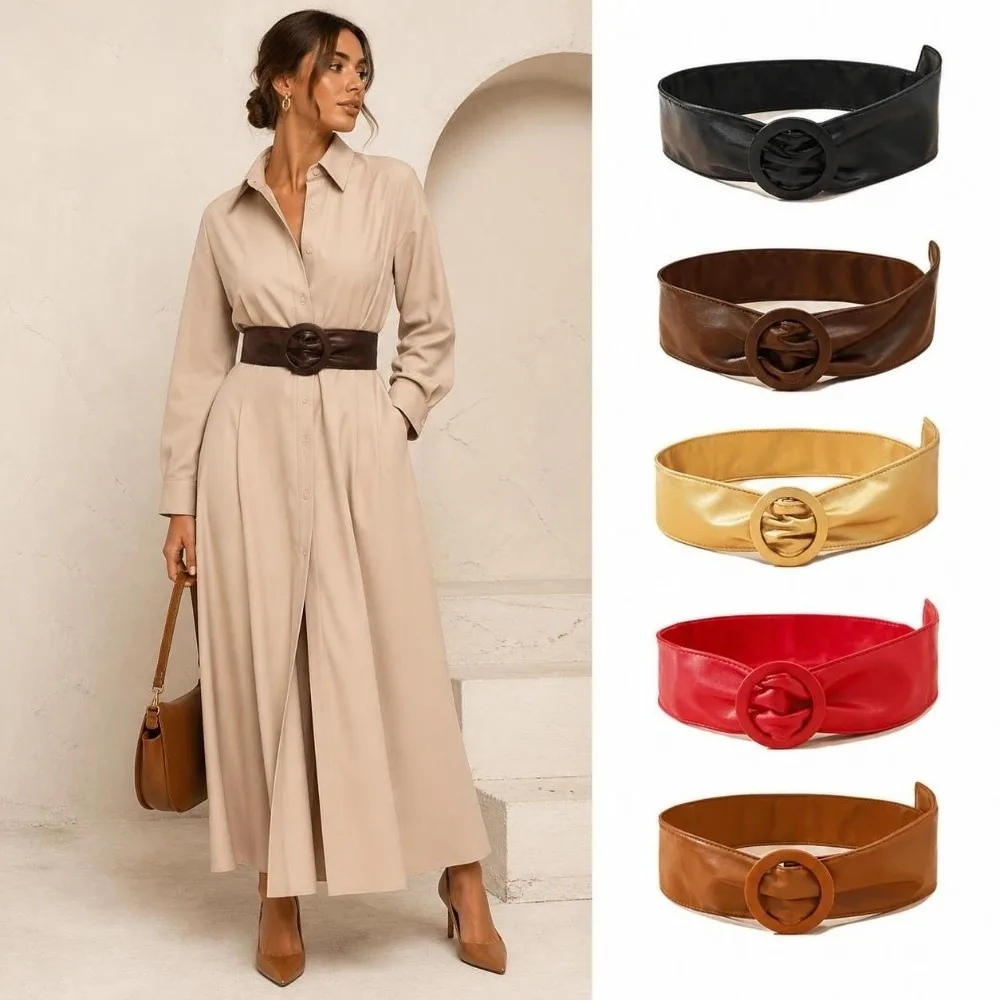 Adjustable Length Faux Leather Waist Belt Wide Round Buckle Wide Waist Belt Self-Tie Closure Faux Leather Round Ring Buckle Belt