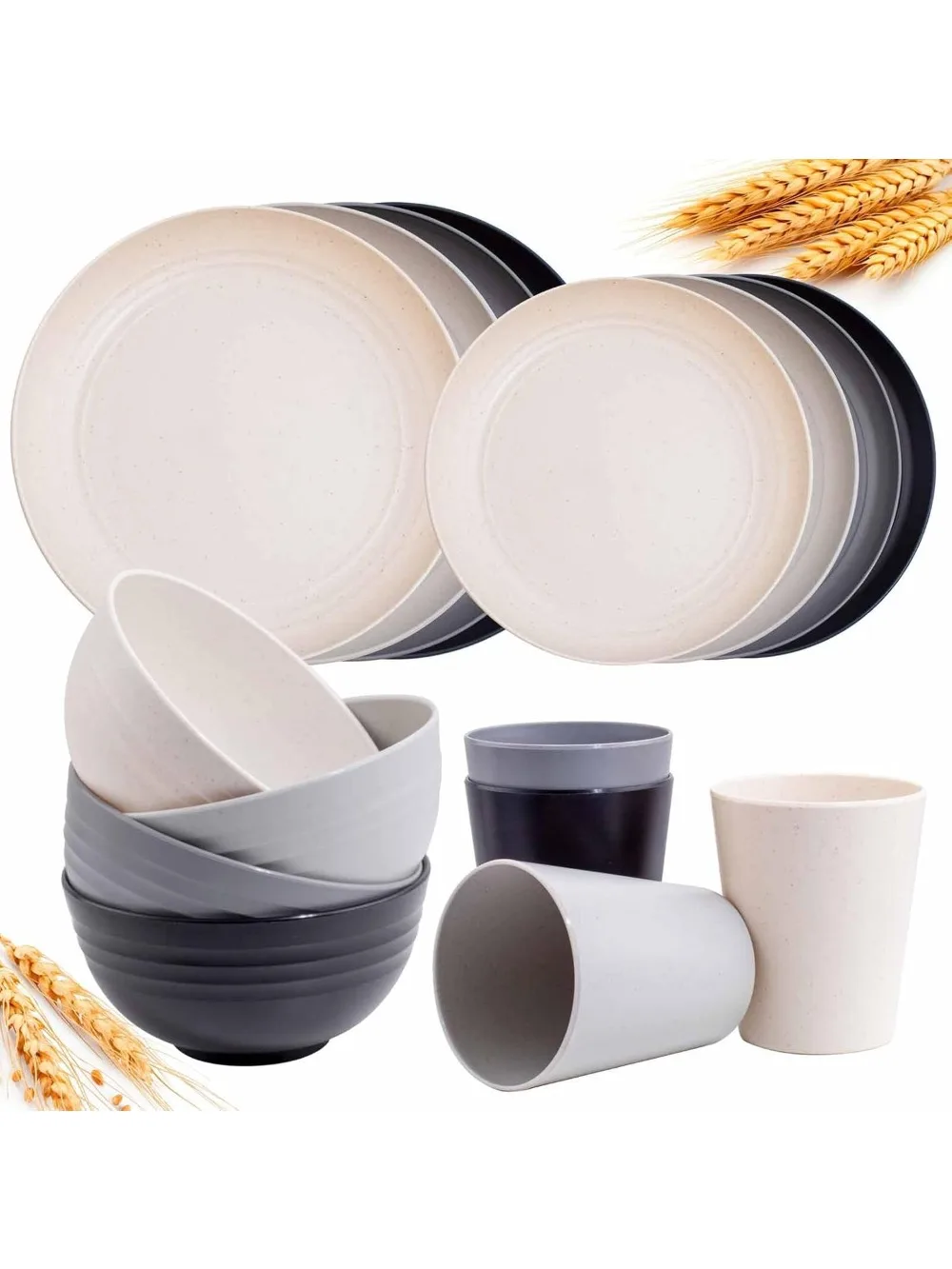 Juego de vajilla de paja de trigo de 16 piezas para 4, platos y cuencos irrompibles aptos para microondas