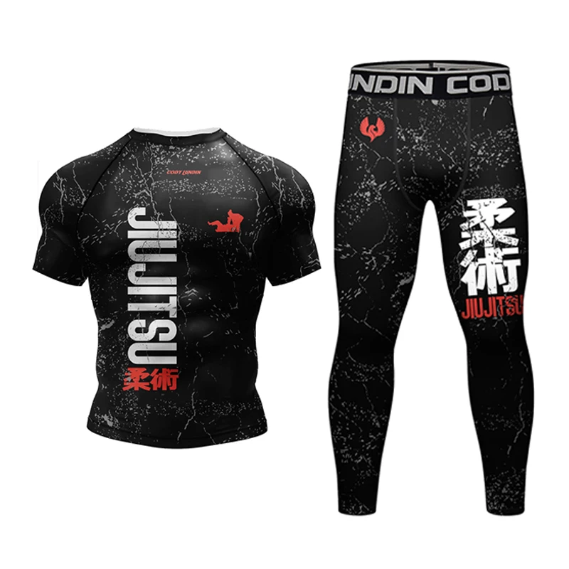 New MMA T-shirt +Pants Set Jiu Jitsu Rashguard For Men Brazilian Grappling Bjj Boxing Rash Guard Sport Clothing Muay Thai Shorts