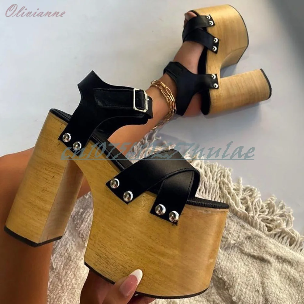

Black Rivet Decor Cross Tied Elegant Sandals Thick Soled Buckle Chunky High Heel Retro Style 2025 Summer Women Shoes Para Mujere