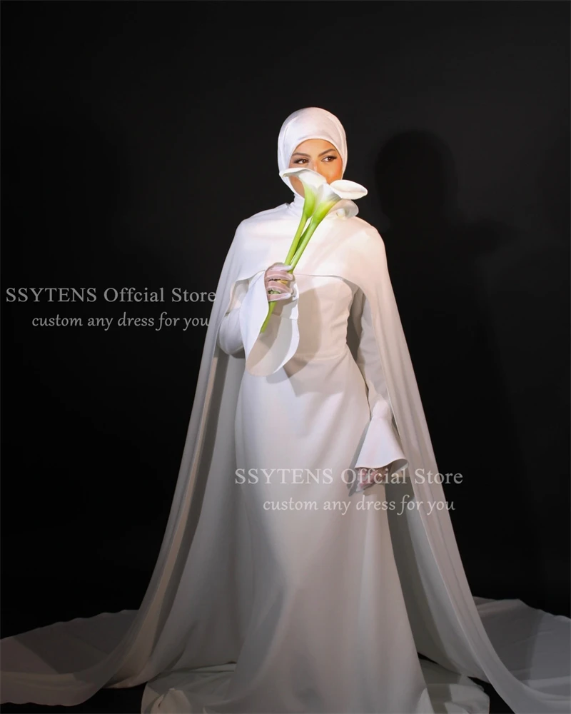 SSYTENS Customized Modest White Muslim Wedding Dresses with Cape Bride Dress with Long Sleeves Woman Bride Civil Bridal Gowns