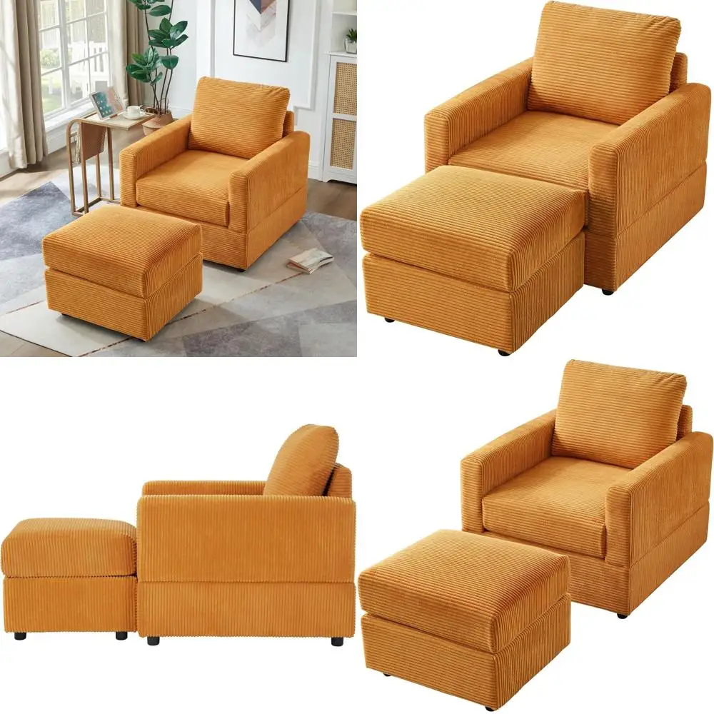 

57 Inch Corduroy Chaise Lounge Chair, Comfortable Sofa Couch Sleeper, Upholstered Recliner with Ottoman, Ideal for Living Room,