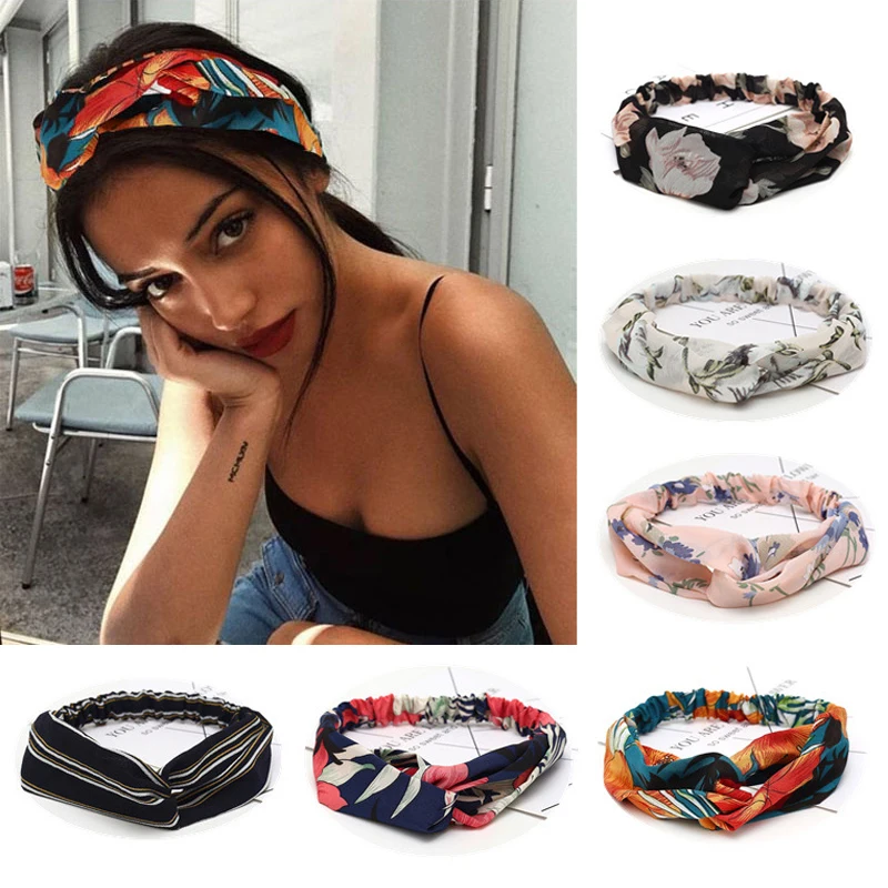 Summer Chiffon Headband Women Hair Accessories bandana Turban Twist Cross Hairband Headwrap Girls Flower Striped Knot Hair Band