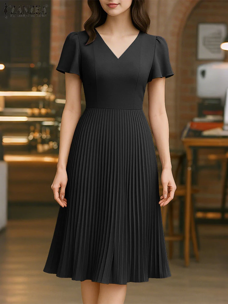 ZANZEA 2025 Letnia Sukienka Damska Dekolt V Jednolita Plisowana Sukienka Letnia Krótki Rękaw Linia A Imprezowa Vestidos Robe Elegancka Sukienka do Pracy Biurowej