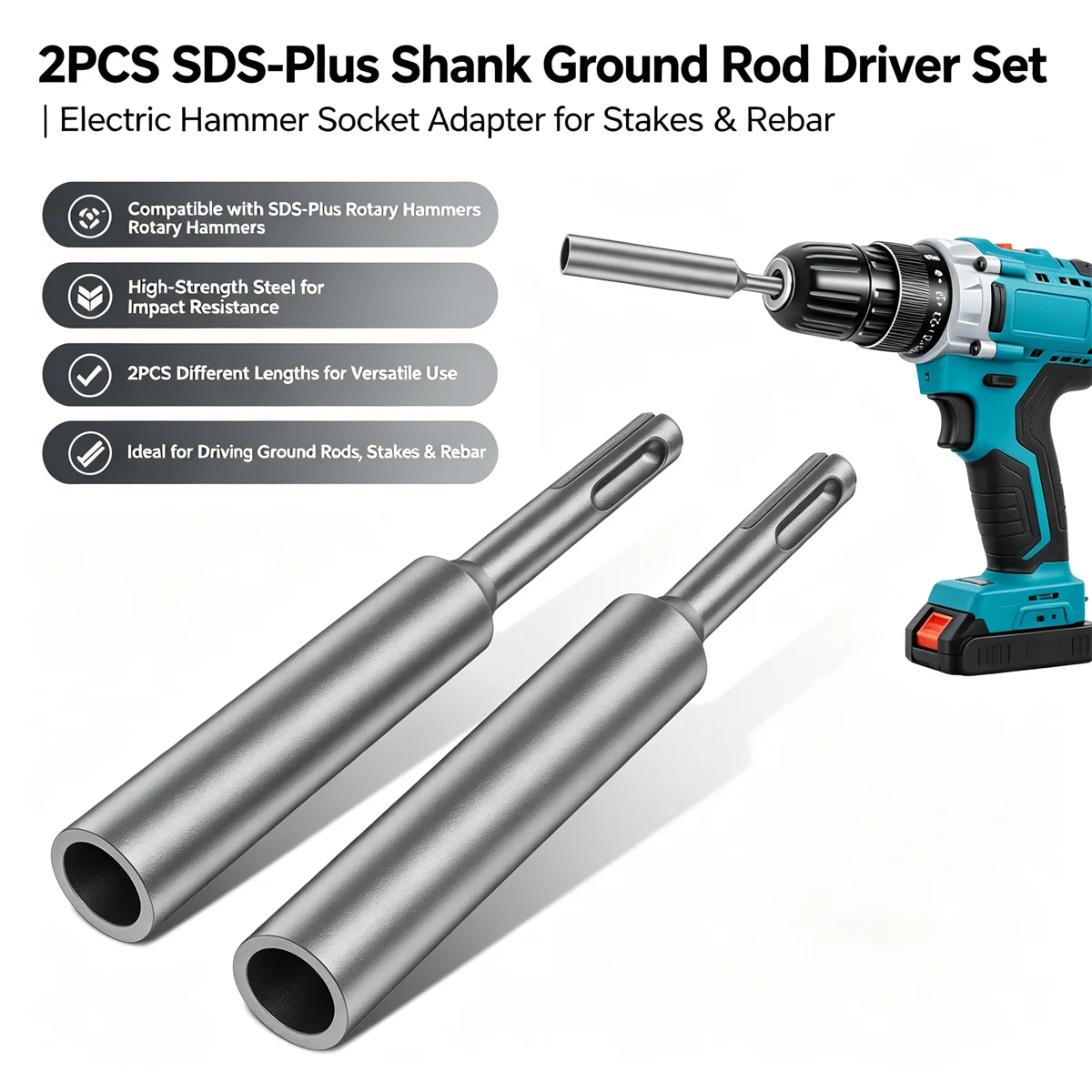 

2Pcs SDS Plus Ground Rod Driver Bit for 5/8 3/4 3/8 1/2 Inch Grounding Rods Heavy Duty Chrome Vanadium Steel Hammer Drill Socket