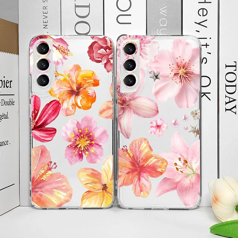 Flower Lily Hibiscue Print Clear Phone Case for Samsung Galaxy A55 A54 A53 A14 A16 A36 A35 A13 A15 A25 Vintage Floral Soft Cover