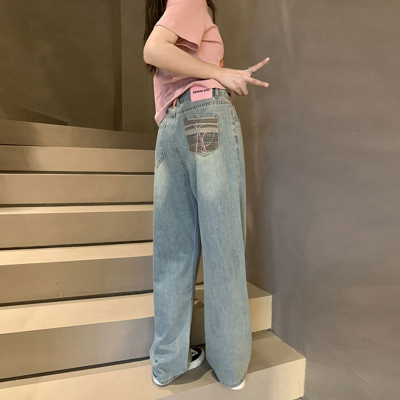 Design sense pocket embroidery tassel jeans female new large sizefat mm drag the ground high-waisted wide-leg straight longpants