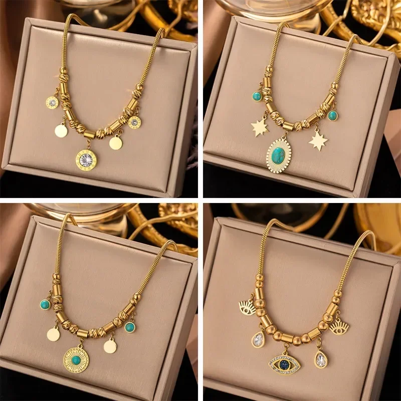 

Fashion Stainless Steel Necklace Bracelet Set Women Devil's Eye Tree Life Natural Stone Pendant Collarbone Chain Jewelry Gift