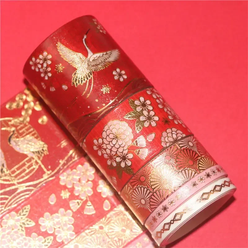 5-roll Set DIY Decoration Chinese Style Masking Tape Bronzing Crane and Paper Antique Hand Account Tapes Lipstick Sticker