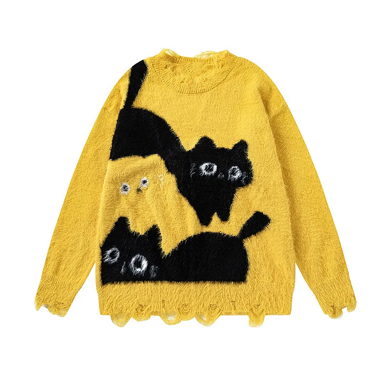 

Men's High Street Ripped Hip Hop Sweater With Cat Pattern Fashion Streetwear Destroyed Knitted Jumper Oversized Y2K Knitwear
