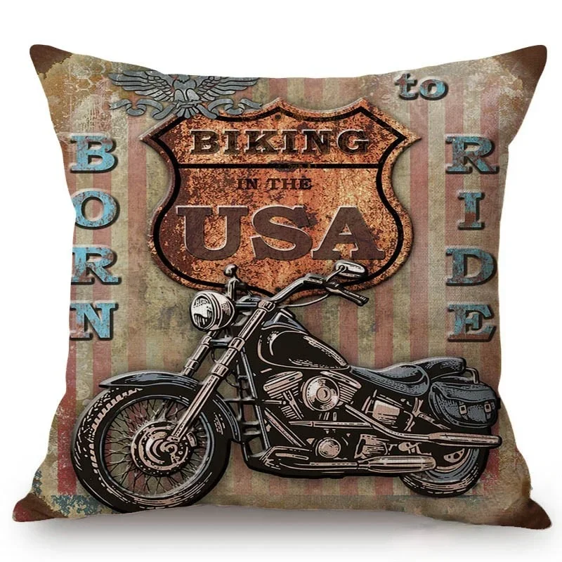 Vintage American Style Muscle Motorcycle Club Art Throw Pillow Case Retro Classic Motorbike Poster Art  Linen Cushion Cover Case