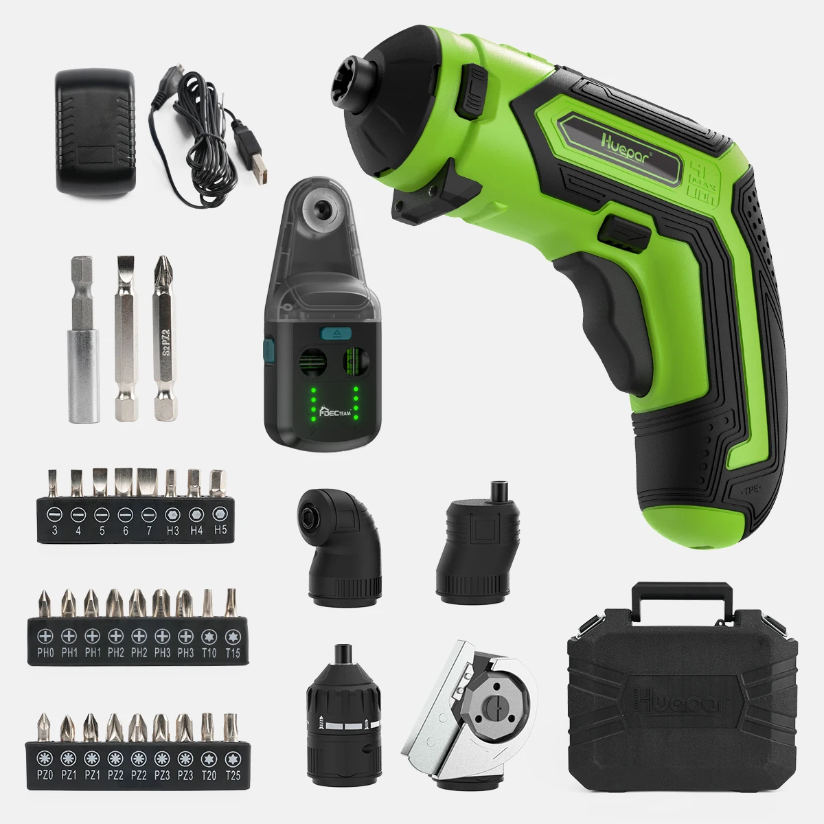 Huepar Cordless Drill Electric Screwdriver With Green Laser Level Dust Collector Power Screw Gun With 9+1 Torque Setting,35 Bits