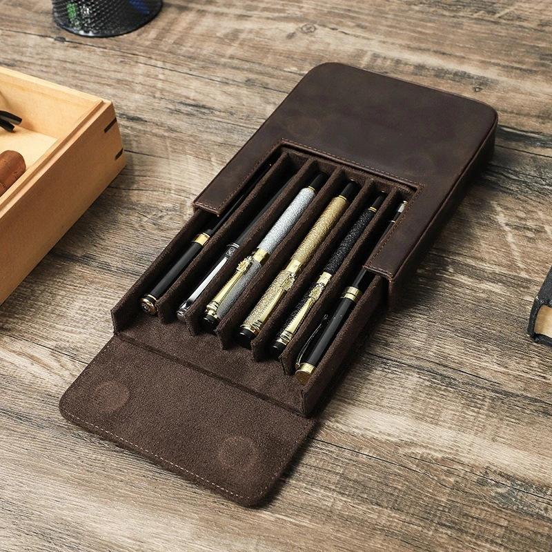 Handmade Crazy Horse Leather Pen Case 6 Slots Magnetic Drawer Pen Box Vintage Leather Fountain Pen Storage Organizer For Student