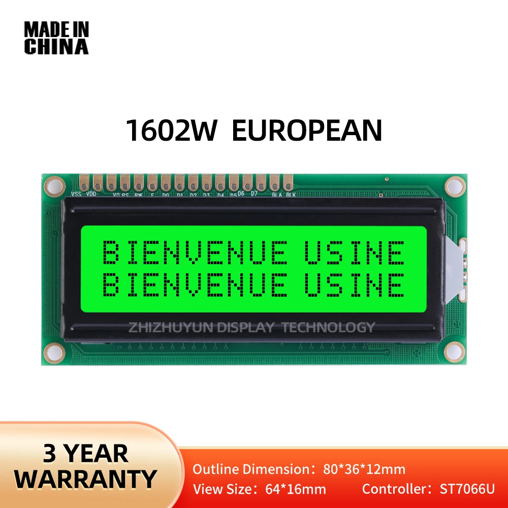 Ecrã europeu do módulo do LCD do caráter, luz verde, 1602W, janela grande 16X2, biblioteca múltipla da palavra, 64mm * 16mm