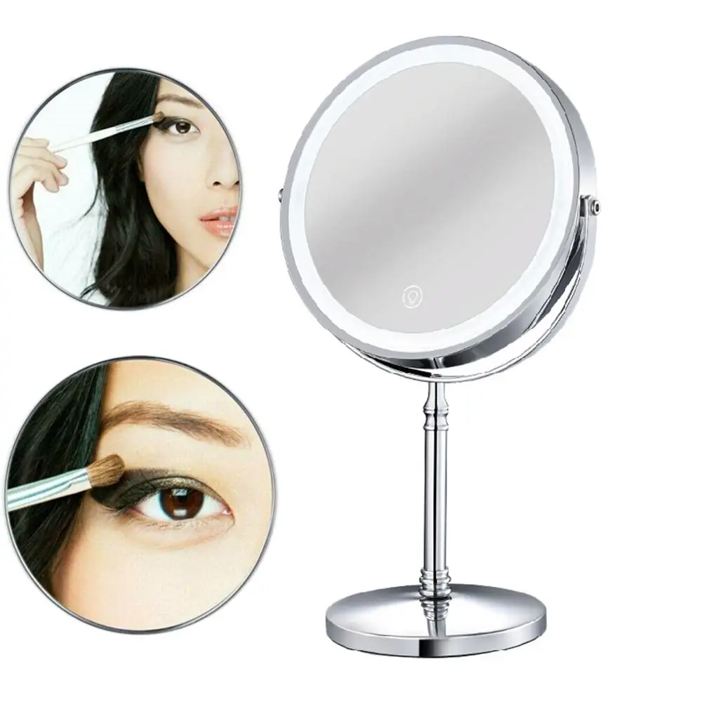 Bathroom With LED Light Makeup Mirror Double-sided Round Shape Cosmetics Mirror Desktop 8 Inches 10X Magnifying Mirror Home