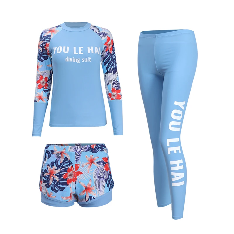 Women\'s 3pcs/set Printed Long Sleeve Rashguard UV Sun Protection Surf Shirt With Pants Shorts Full Body Bathing Suit Dive Skin