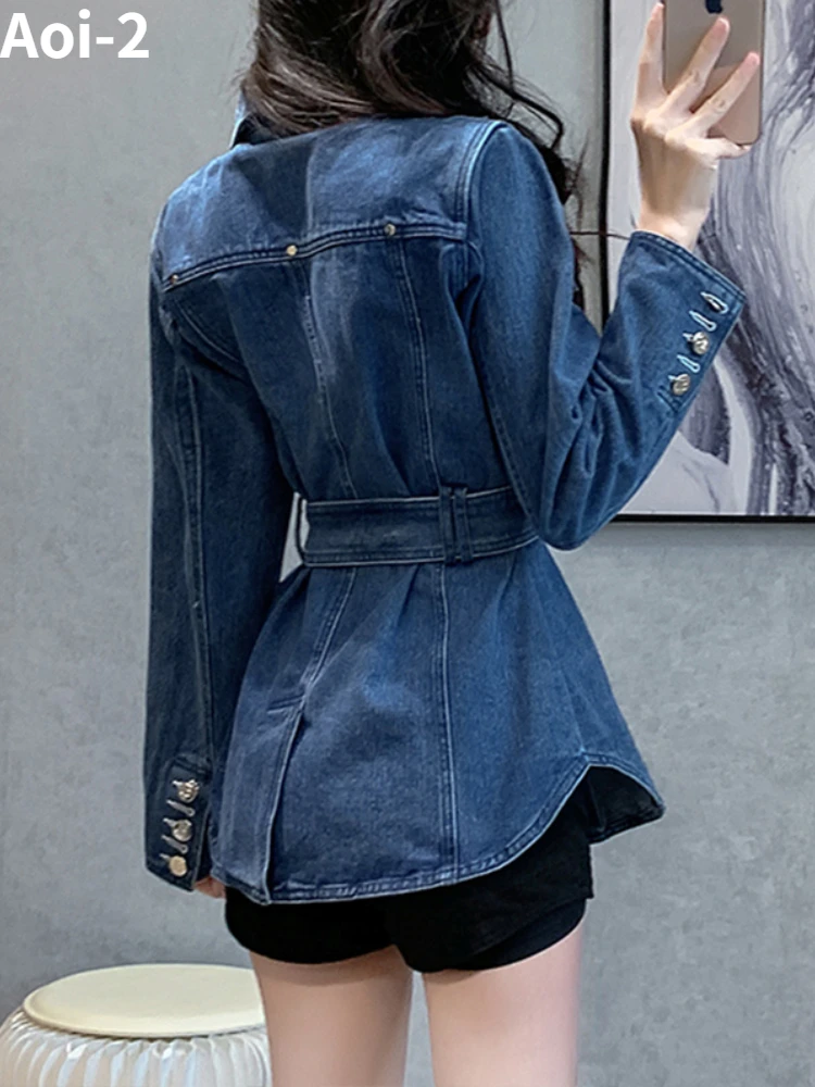 Vintage Blue Denim Coat Women\'s 2023 Spring Autumn Korean Fashion Belt Double-Breasted Mid-Length Slim-Fit Blazer Top Streetwear