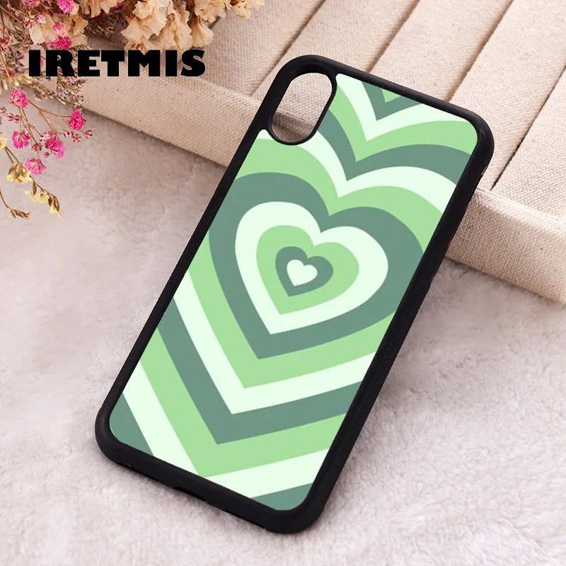 Iretmis Phone Cover Case For iPhone X XS Max XR 11 12 13 PRO MINI 14 15 16 Plus Rubber Silicone Green love heart