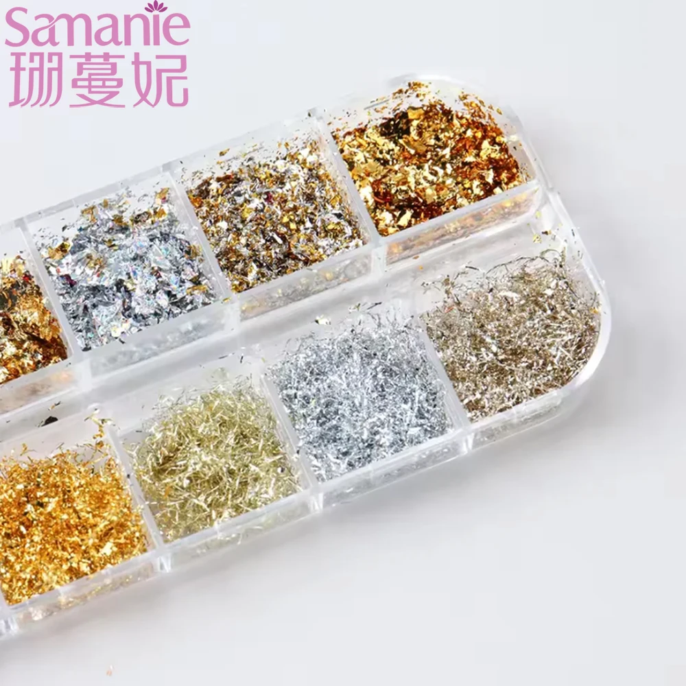 12 Color Gold Foils Gorgeous Nails Glitter Random Aluminum Flakes Paillette Chip Nail Design Shinny Sparkles Nail Art Decoration