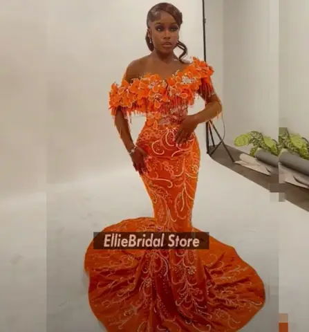 Eleganta Orange Balklänningar Lyxiga Svarta Flickor 2025 Sjöjungfru Festklänning Långärmad Tofs Afrikanska Aftonklänningar Anpassade 10 best sales orange balklänningar - №3