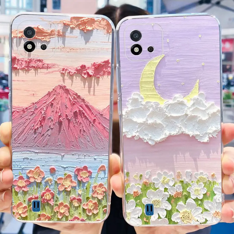 For Realme C11 (2021) RMX3231 / C11 2020 RMX2185 Cute Flower Cat Painted Case For RealmeC11 C 11 Soft Silicone TPU Phone Cases