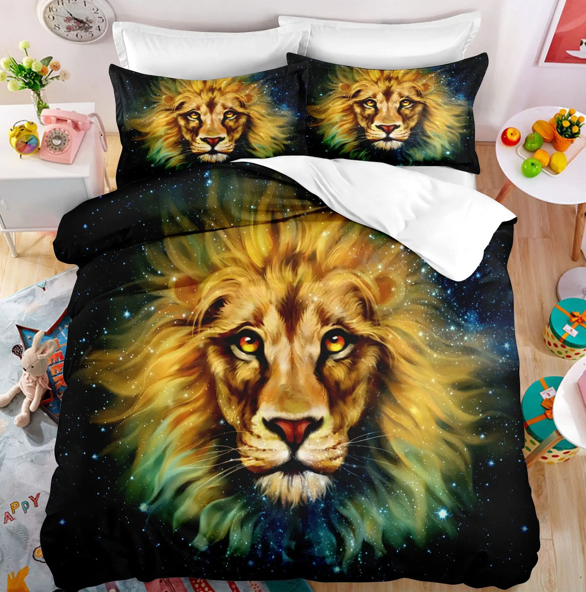 Lion Duvet Cover Set Roaring Lion White Wild Animals Polyester Comforter Cover King Queen Size for Kids Adults Teen Bedding Set