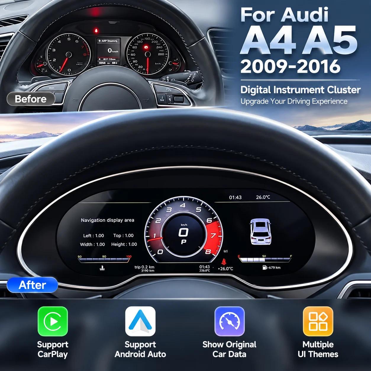 12.3" Digital Instrument Cluster For Audi A4 A5 2009-2016 Virtual Cockpit Digital Dashboard LCD Speedometer CarPlay Android Auto