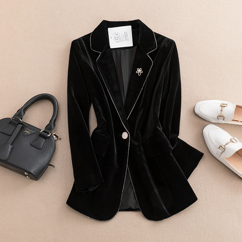 

Spring Autumn New Sle Long Sve One Button Gold Velvet Small Western Tailor Slimming Western Suit Top Coat Women