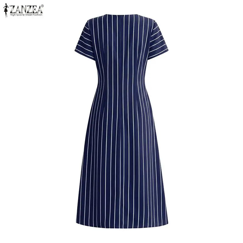 ZANZEA Stilvolles Damen-Kleid mit O-Ausschnitt und kurzen Ärmeln, gestreift, Sommerkleid, OL-Arbeitskleid, elegantes A-Linien-Midikleid mit Taille, Freizeitkleider – Detail 13