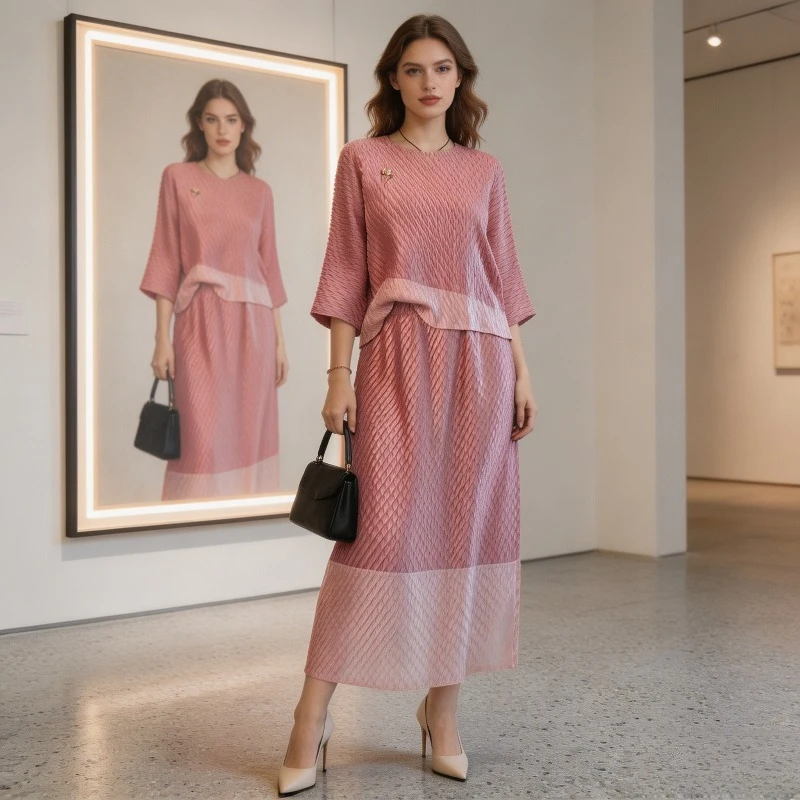 

Miyake Pleated New 2026 Spring Color Block Suit for Women Loose Fit Elegant Glossy High-end Niche Graceful Pleated Clothing