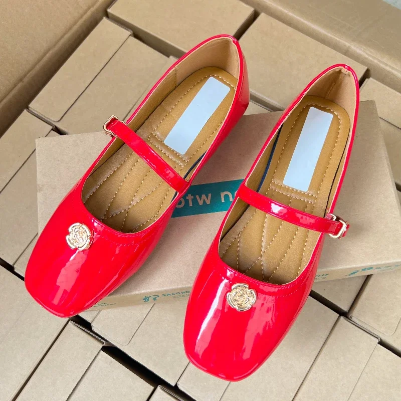 Cherry Red  Single Shoes Summer New French Square Camellia Flat Mary Jane Shoes Large Size Women's Shoes 41-43