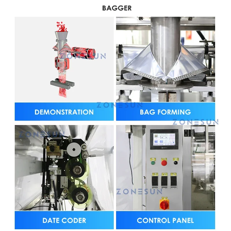 ZONESUN ZS-GW10 Granulat Bagger Bohnen Sesamsamen Metalldetektor Kontrollwaage Z Feeder Feststoffe Lebensmittelverpackung Produktionslinie