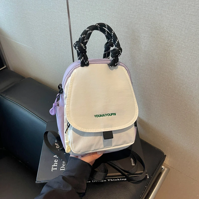 Women Mini Color Block Backpack Nylon Lightweight Small Shoulder Crossbody Bag Letter Embroidery Casual Portable Travel Handbag