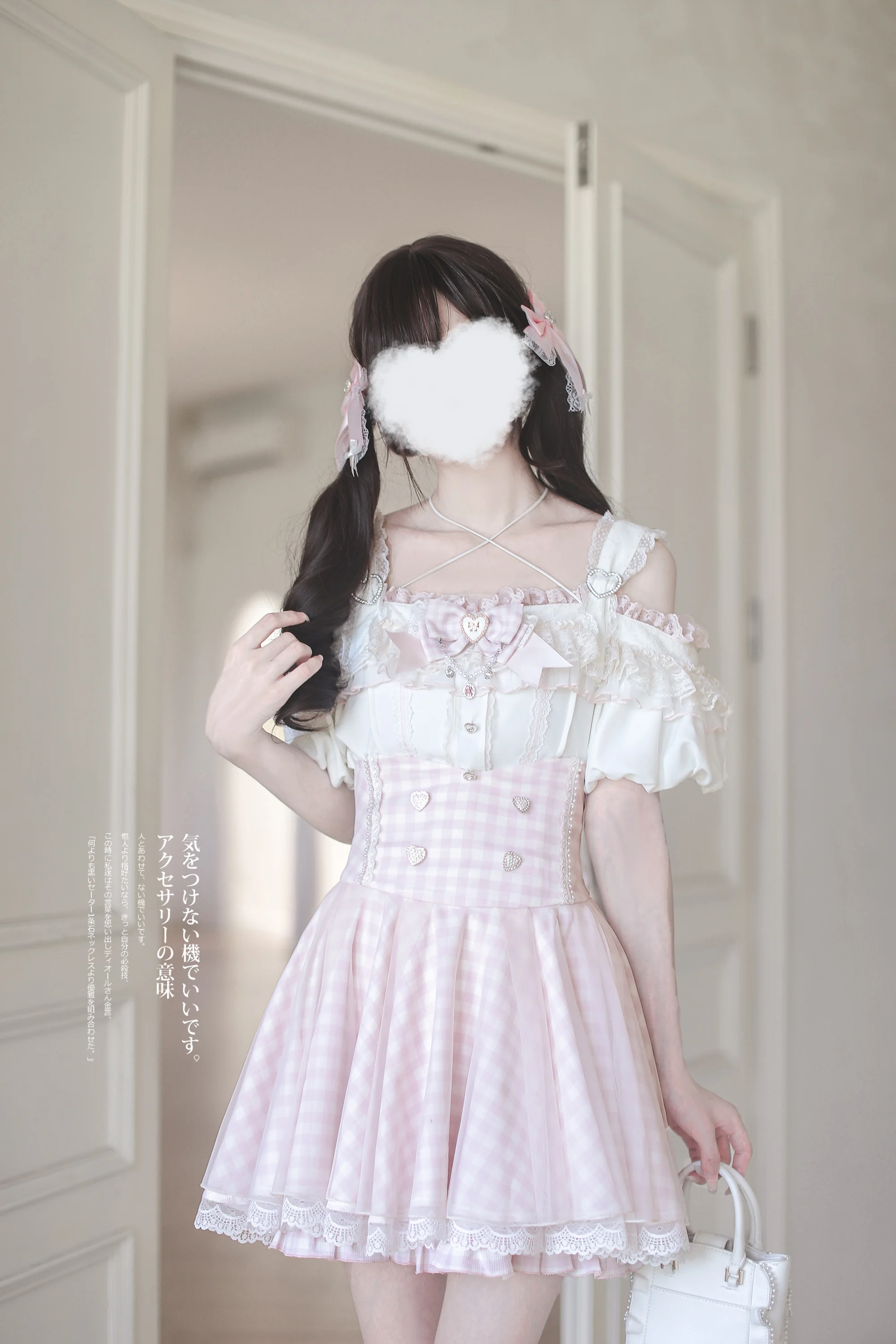 Estilo japonês mina produzido em massa renda emendada fora do ombro camisas de manga puff cintura alta a linha saia xadrez conjunto de duas peças feminino