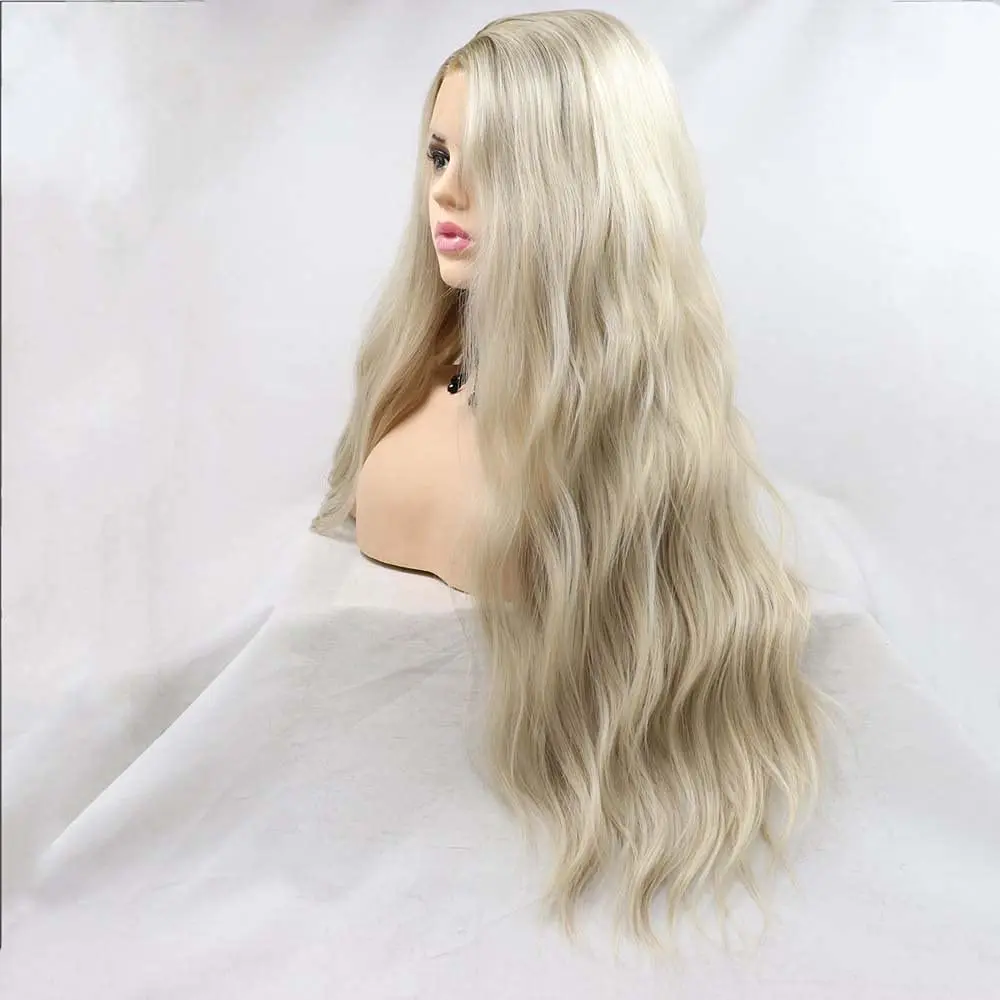 Parrucche bionde Sylvia Parrucche bionde anteriori in pizzo sintetico con radici marroni Parrucche ondulate lunghe sciolte in fibra resistente al calore Riga centrale