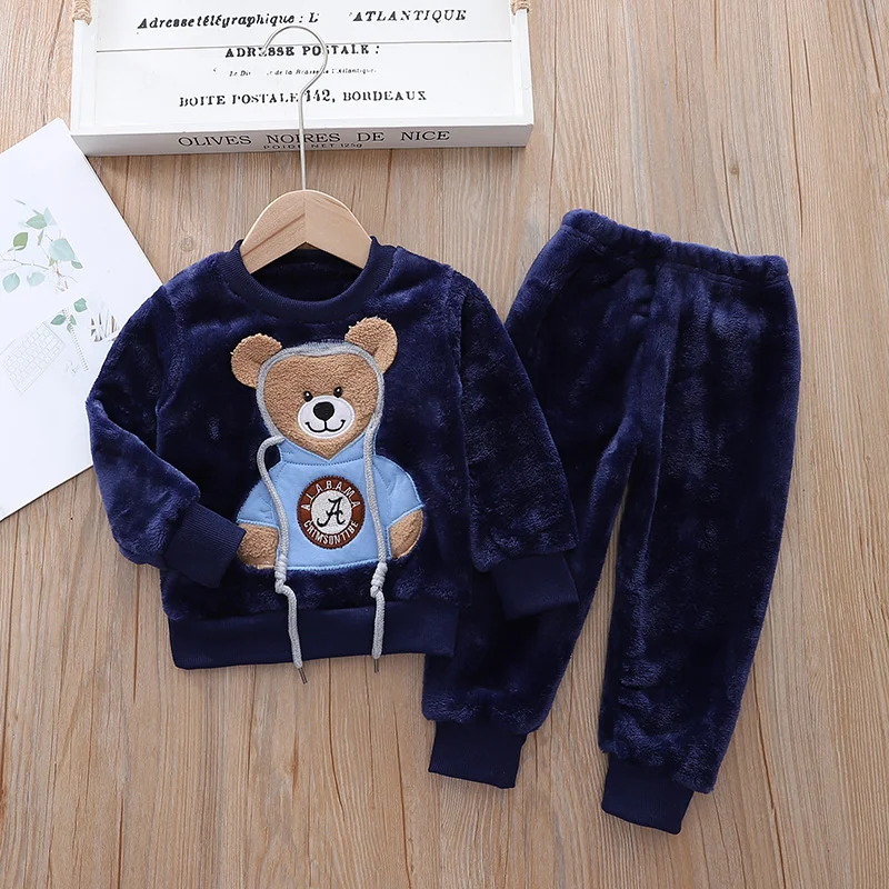 Kids Fleece Clothing Sets Winter Plus Velvet Warm 2Pcs Cartoon Bear Outfits Baby Boys Girls Clothes Casual Tracksuit Suits 1-6Y