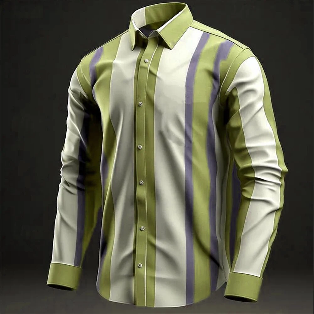 Men's Colored Stripe Contrast Color 3D Printed Button Long Sleeve Shirt Comfortable Breathable Men's Shirt Slim Design Men's