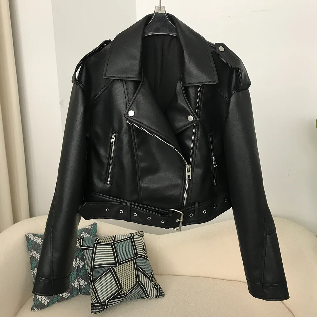 2024 New Spring Woman Faux Leather Jacket Chic Vintage Short Lapel Zipper Belt Biker Coats Fashion Streetwear Mujer