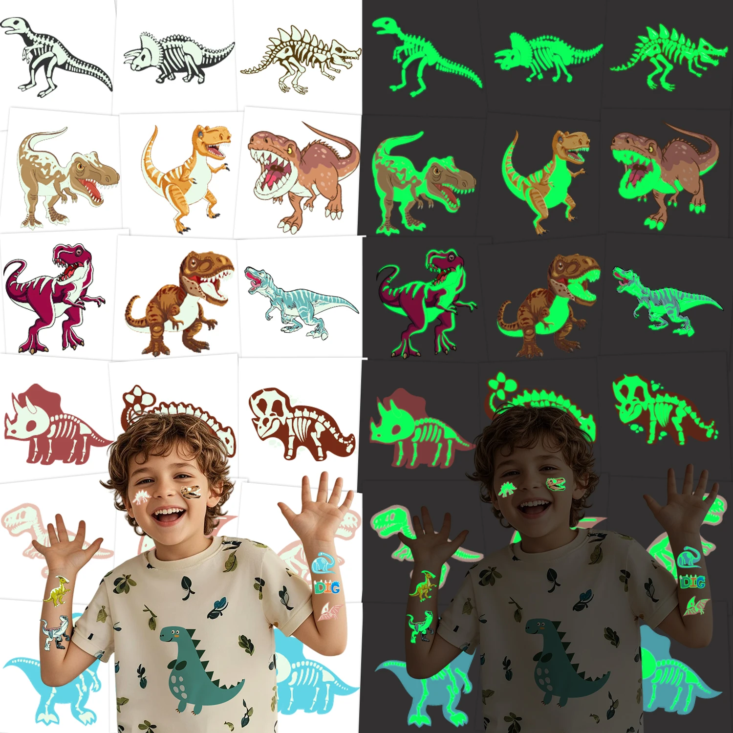 

10 Glow-in-the-Dark Dinosaur-Themed Temporary Tattoos, which can be used as themed decorations, gifts and prizes