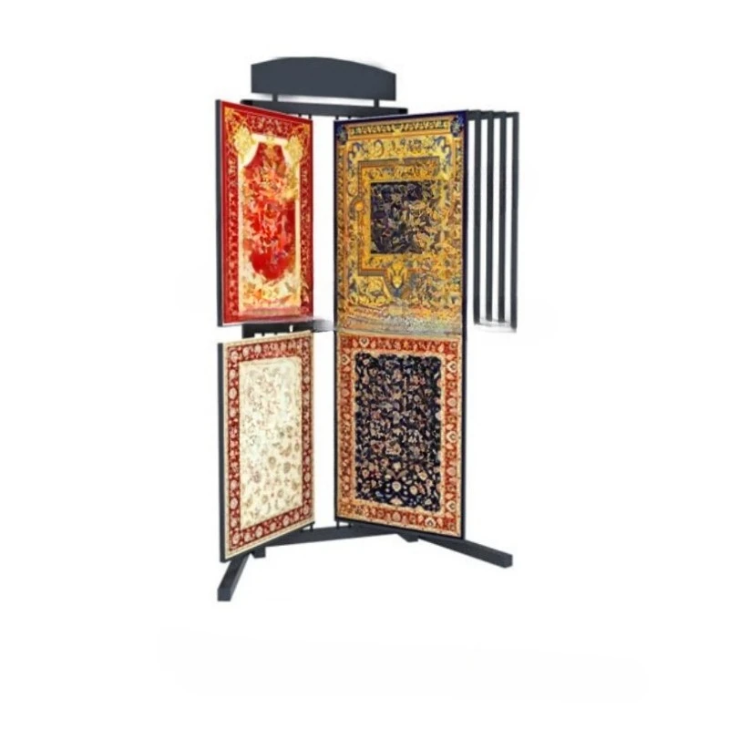 Flip-type carpet display stand, which belongs to a hanging bracket, is used for carpet display