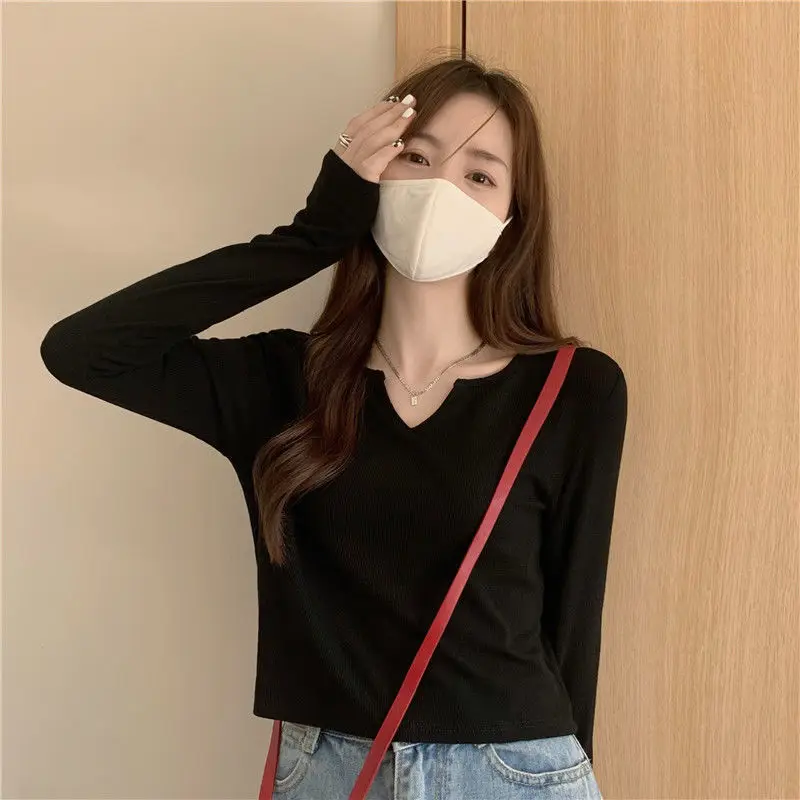 

Pure Desire Top Design, Niche New Style, Sweet And Spicy Girl Long Sleeved Short Style, Slim Fit V-Neck Base Shirt
