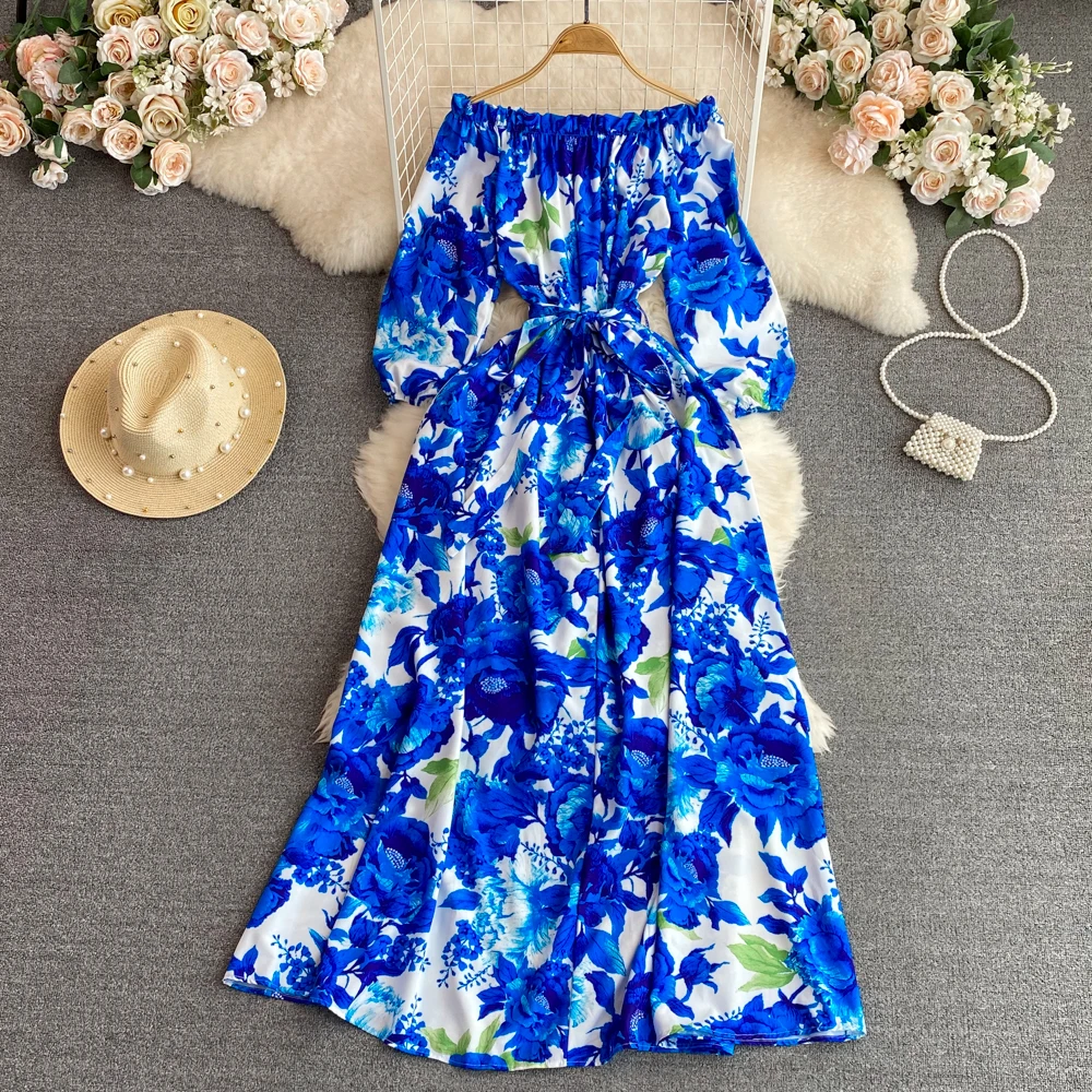 

Элегантная длинная юбка А-силуэта с одним открытым плечом, принтом, завышенной талией, для пляжа и повседневной носки, в корейском стиле, с узлом