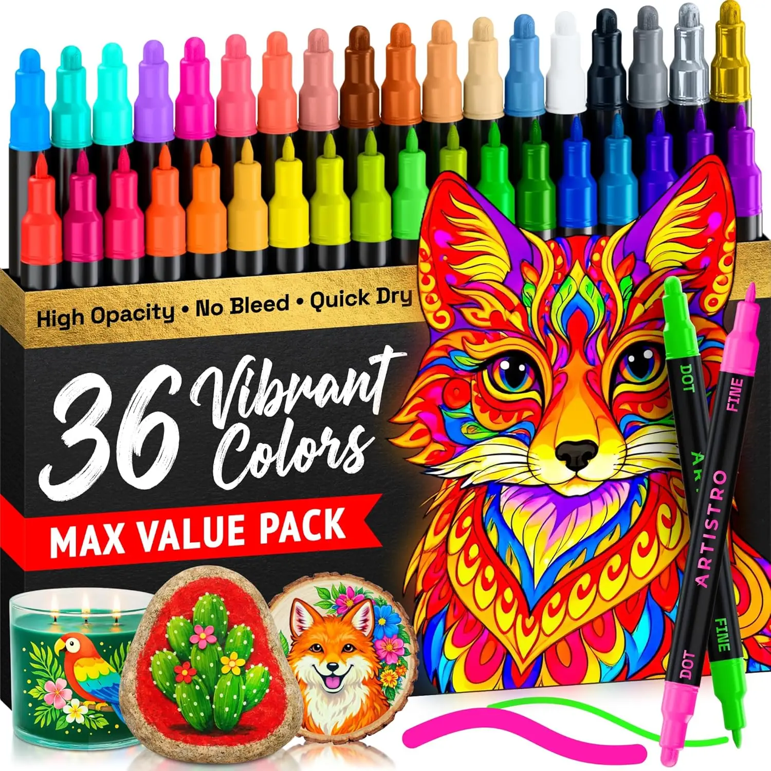 

36 Dual-Tip Acrylic Paint Markers – Fine & Dot Tips for Fabric, Rock, Glass, Wood, Coloring Books – Art Supplies
