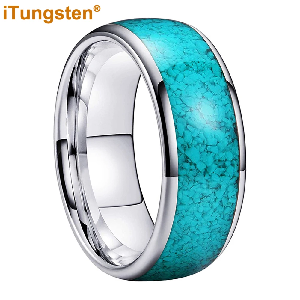 iTungsten 4mm 6mm 8mm Tungsten Carbide Ring for Men Women Fashion Jewelry Engagement Wedding Band Crushed-Turquoise Inlay