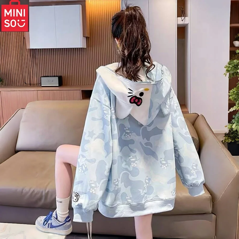 

MINISO HelloKitty Y2k jacket cartoon zipper cardigan hooded camouflage shirt sports shirt long sleeved couple jacket women