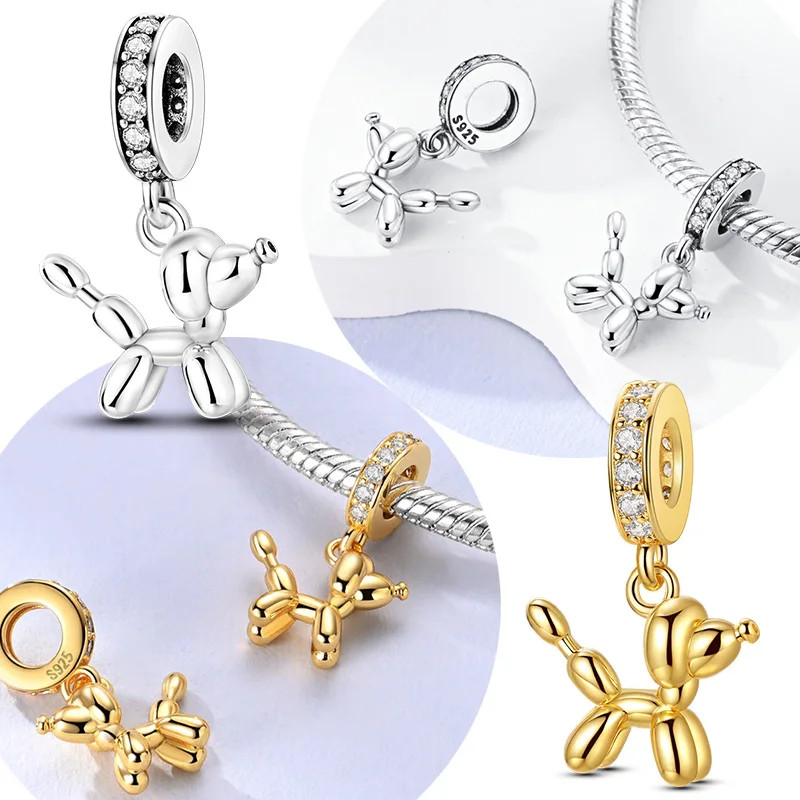 

Original 925 Sterling Silver Charm Bead Gold Poodle Balloon Dog Pet Pendant Fit Original Bracelet For Women DIY Jewelry Gift